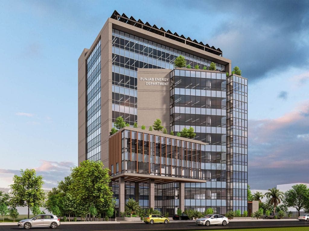 The Punjab Energy Department net-zero building in Lahore, with rooftop solar shading.